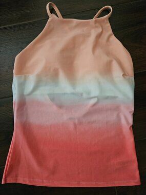 Size M Old Navy Pink Coral Ombre High Neck Tankini Swimsuit, Cross Back Straps